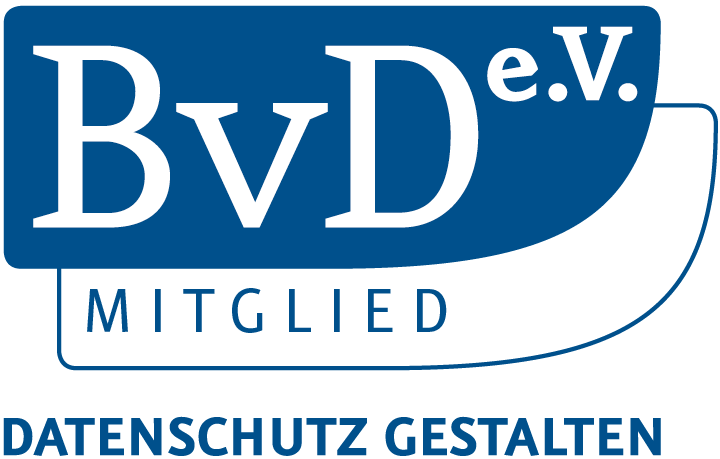 Blaues BvD e.V.-Logo mit Schriftzug ‚Datenschutz gestalten‘ – Mitglied im Datenschutzverband