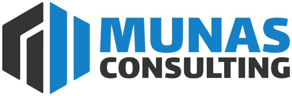 MUNAS Consulting Logo mit blau-schwarzem abstraktem Symbol für Struktur und Stabilität