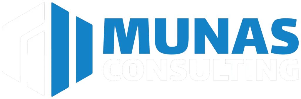 MUNAS Consulting Logo mit blau-schwarzem abstraktem Symbol für Struktur und Stabilität