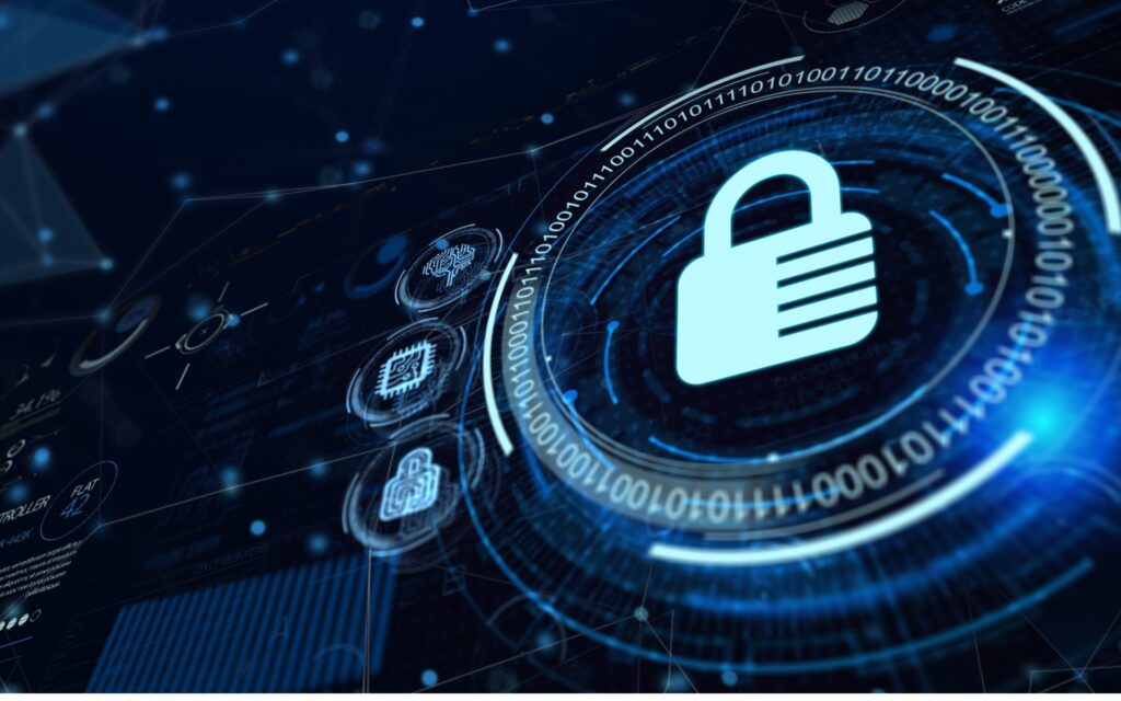 Leuchtendes Vorhängeschloss mit Binärcode als Symbol für Datenschutz und IT-Sicherheit